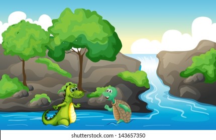 Illustration of a turtle and a crocodile