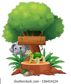 Illustration of a turtle and an elephant under the big tree with a wooden signboard on a white background