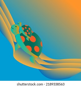 Illustration of a turtle holding its cub on a bright abstract background