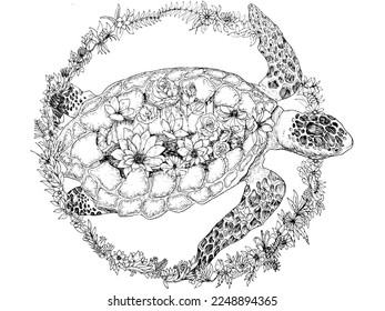 illustration of a turtle image with flowers