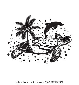 Illustration of a turtle with a jumping dolphin and a palm tree with a white background.