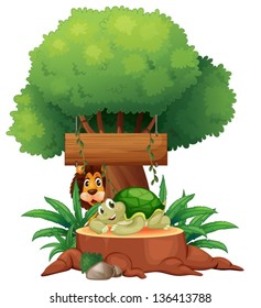 Illustration of a turtle and a lion under the tree with a wooden signboard on a white background