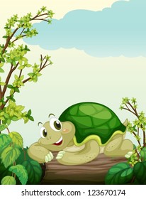 Illustration of a turtle lying on dry wood in a beautiful nature