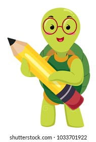 Illustration of a Turtle Mascot Student Holding a Big Pencil