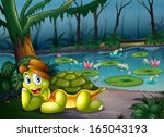 Illustration of a turtle in the middle of the forest near the river