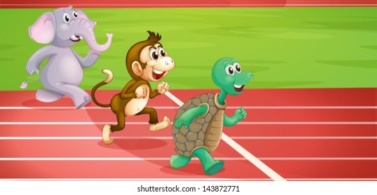 Illustration of a turtle, a monkey and an elephant running