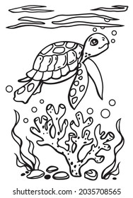 An illustration of a turtle in the ocean with algae and corals in the contour. For coloring books for kids and adults.