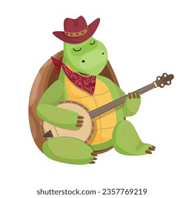 Illustration of a turtle playing a guitar, banjo. Children's art of a cute animal for illustrating clothes, toys and other goods for kids.
