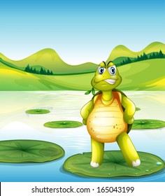 Illustration of a turtle at the pond standing above a waterlily