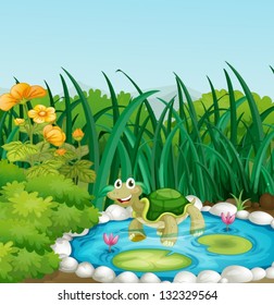 Illustration of a turtle in the pond with waterlilies