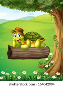 Illustration of a turtle relaxing above the trunk under the tree