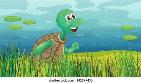 Illustration of a turtle running along the pond