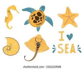 Illustration of turtle, sea Horse, starfish, shell, stingray and text I Love sea. Set of hand drawn inhabitants of the sea, ocean. Vector illustration for icon, logo, print, icon, card, emblem