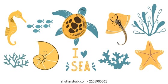 Illustration of turtle, sea Horse, starfish, shell, stingray, text I Love sea, fishes, corals, seaweed. Set of inhabitants of the sea. Vector illustration for icon, logo, print, icon, card, emblem