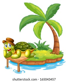 Illustration of a turtle stranded in an island on a white background