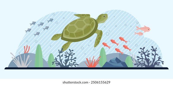 Illustration of a turtle swimming gracefully through a coral reef, accompanied by colorful fish. This vibrant scene highlights the importance of marine conservation and the beauty of ocean life.