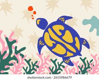 Illustration of a turtle swimming seen from the seabed in Matisse style