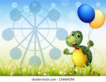 Illustration of a turtle with two balloons at the carnival