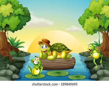 Illustration of a turtle and the two frogs at the river