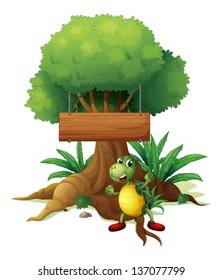 Illustration of a turtle under the big tree with a wooden signboard on a white background