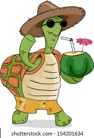 Illustration of a Turtle Wearing a Straw Hat Carrying a Coconut Drink