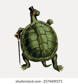 Illustration of a turtle wearing a top hat and monocle, holding a cane. The turtle, with its shell and accessories, exudes a whimsical, vintage charm. Vintage art drawing, isolated vector element.