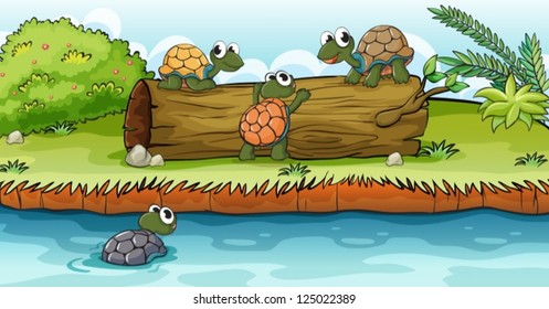 Illustration of turtles on a dry wood in a beautiful nature