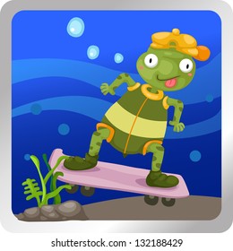 Illustration of a turtles play skateboarding underwater background vector