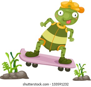 Illustration of turtles play skateboarding white background