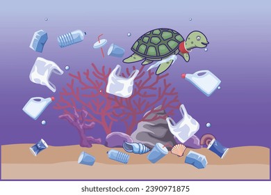 Illustration of Turtles swim and get entangled in plastic waste. Plastic waste pollution damages the ecosystem of marine animals and coral reefs