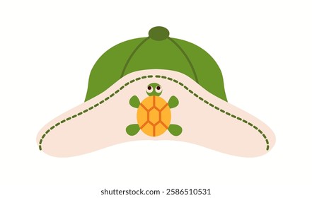 Illustration of a turtle-themed bucket hat with a wide beige brim and a green top, featuring a small turtle print for a cute summer style.