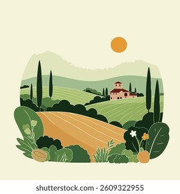 Illustration of a Tuscan landscape with a villa, cypress trees, rolling hills, and a golden sun.

