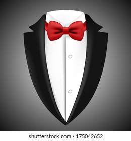 Illustration of tuxedo with bow tie on a black background. Vector.