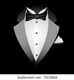 Illustration of tuxedo with bow tie on a black background. Vector.