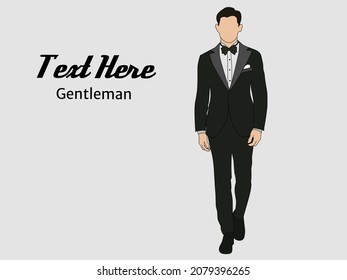 Illustration of a tuxedo dress with a male model wearing a black formal dress. There is a gentleman's text writing. Fashion themed concept for men's formal wear.