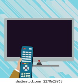 Illustration with TV and hand holding remote control. Important information on screen. Monitor contains Main message. Display on Bright colored background.