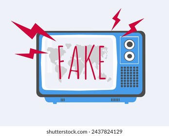 An illustration of TV program with fake news background. Disinformation, Spreading fake news concept. Hoax on the internet and social media. Untruth information spread. Magnifying, Propaganda newscast