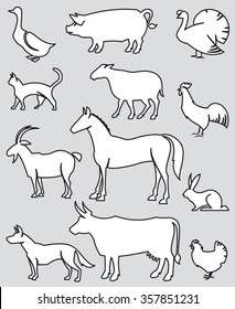 illustration of twelve farm animals on a gray background