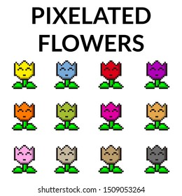 Illustration of twelve pixelated flowers, with different colors, for videogames and illustrations.