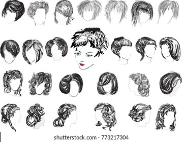illustration with twenty six woman hairstyles isolated on white background