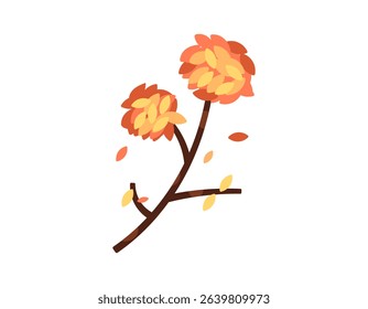 illustration of twig with leaves. tree wood and foliage. fall leaves. orange, yellow, brown leaves. autumn theme elements or assets. flat style design