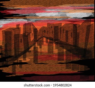 the illustration of a twilight sky in a city is great for product design