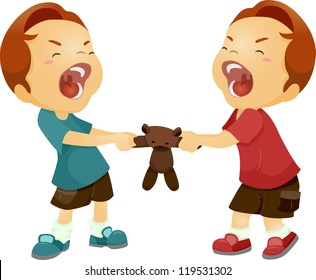 Illustration of Twin Boys Fighting Over a Stuffed Toy