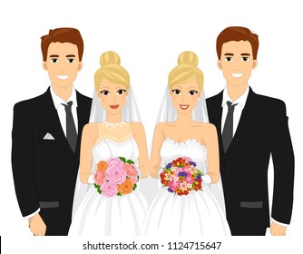 Illustration of a Twin Bride and Groom Posing in the Wedding
