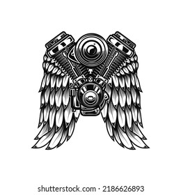 Ilustración del motor gemelo con alas en estilo grabado. Elemento de diseño para afiche, tarjeta, pancarta, signo, emblema. Ilustración del vector