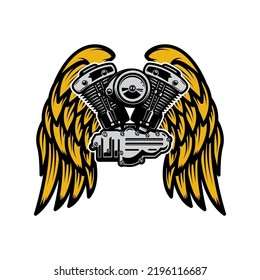 Illustration of twin engine with wings in engraving style. Design element for poster, card, banner, sign, emblem. Vector illustration