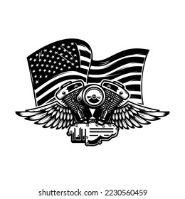 Illustration of twin engine with wings on american flag background. Design element for poster, card, banner, sign, emblem. Vector illustration