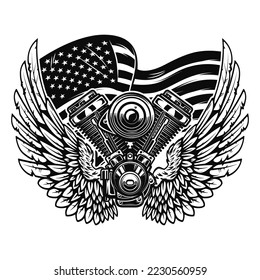 Illustration of twin engine with wings on american flag background. Design element for poster, card, banner, sign, emblem. Vector illustration