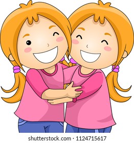 Illustration of Twin Girls Hugging Each Other and Wearing the Same Clothes