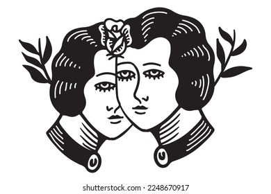 illustration of twin head with flower, vector graphic. old school tattoo flash hand drawn style